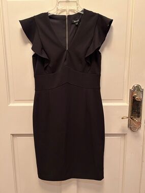 DKNY Black Ruffle Sleeve Midi Sheath Dress